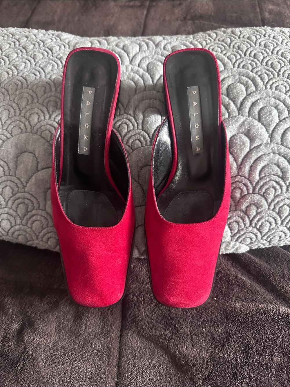 🍒 Vintage 90s Paloma Isotta Cherry Red Suede Square Toe Mules 6.5B 👠